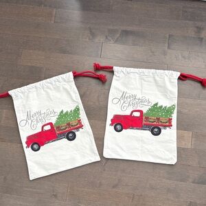 Christmas Holiday Fabric Gift Bags, Reusable Drawstring Vintage Truck Snow Tree